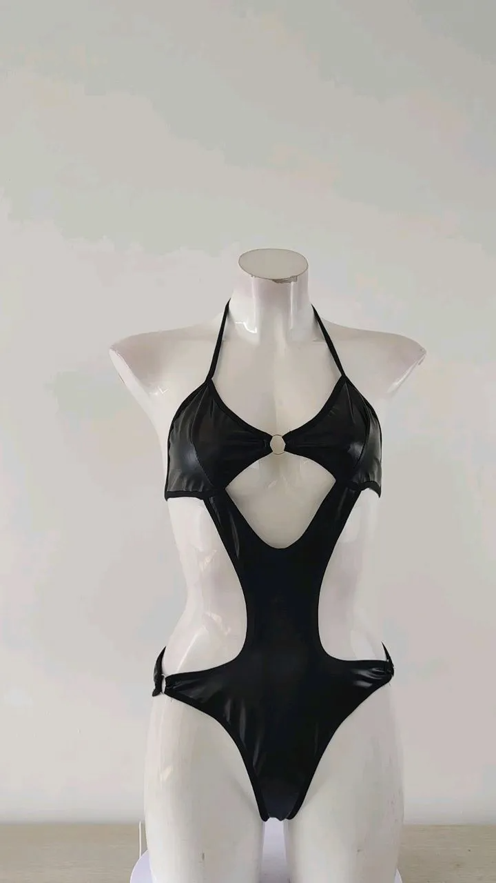 Women Patent Leather Halter Neck One Piece Sexy Lingerie