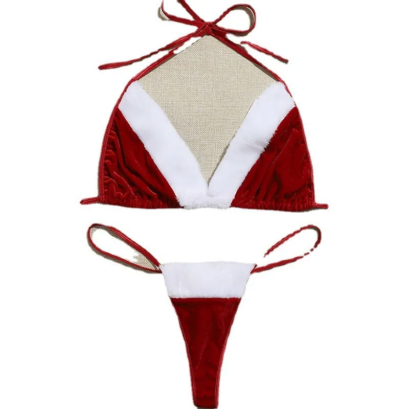 Women Sexy Christmas Halter Neck Lace-Up Bra Panty Set