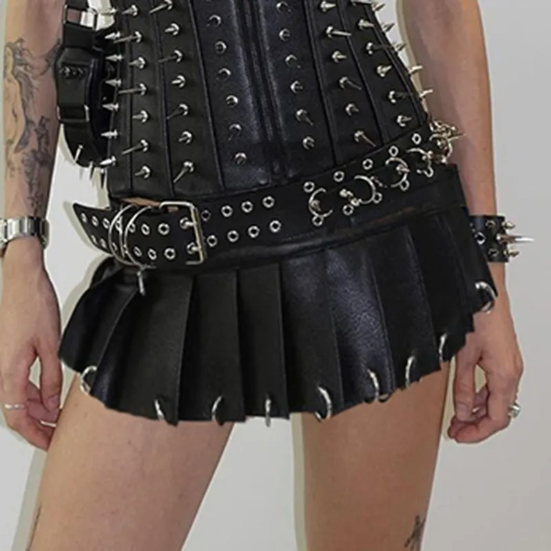 Women Gothic Fashion PU Punk Pleated Skirt