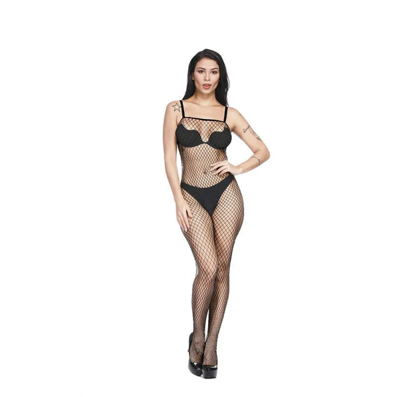 Women Fashion Sexy Hollow Perspective One Piece Stockings Long Sleeve Suspender Lingerie