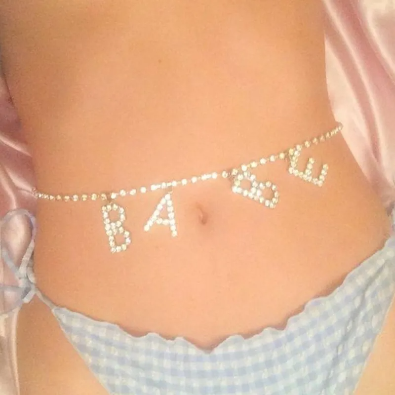 Women Fashion Sexy Rhinestone Letter Waist Chain