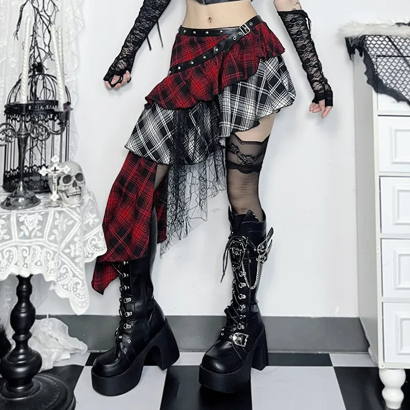 Gothic Women Fashion Plaid Printed Irregular Mesh Stitching Skirt