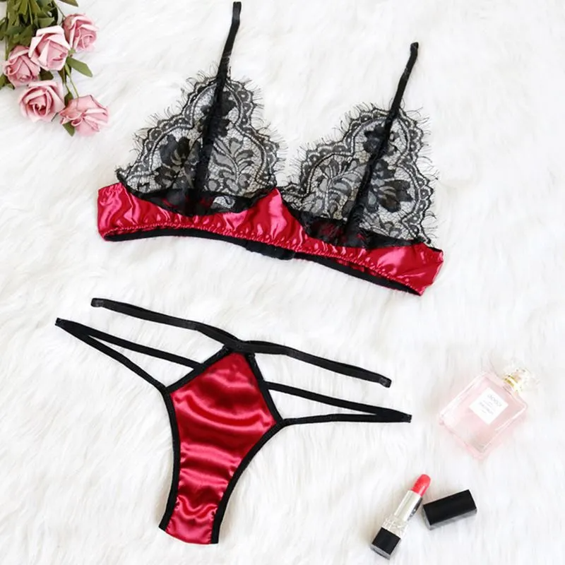 Women Fashion Sexy Hollow Lace Perspective Lingerie Set
