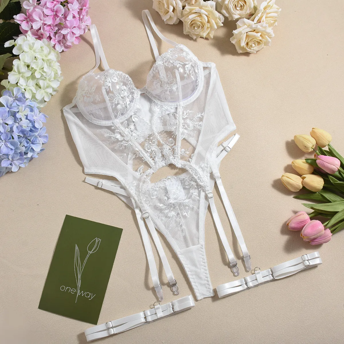 Women Sexy Fish Bone Sling Lingerie Three-Piece Set