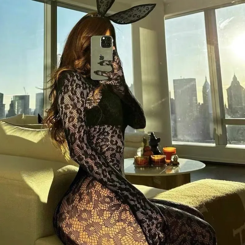 Sexy Lingerie Women Long Sleeve One-Piece Mesh Stockings Leopard See-Through Jumpsuits