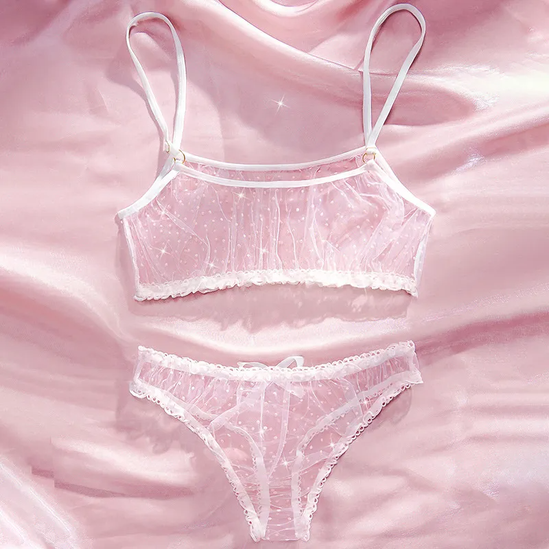 Women Fashion Sexy Perspective Polar Dot Mesh Bow Sexy Lingerie Set