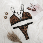 Women Fashion Sexy Hollow Leopard Printed Three-Point Style Lingerie Set