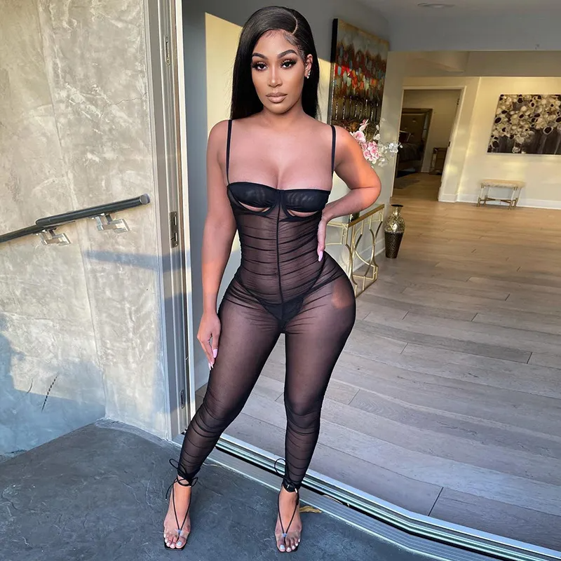 Women Mesh Suspenders Pleated Slim Fit Casual Jumpsuit