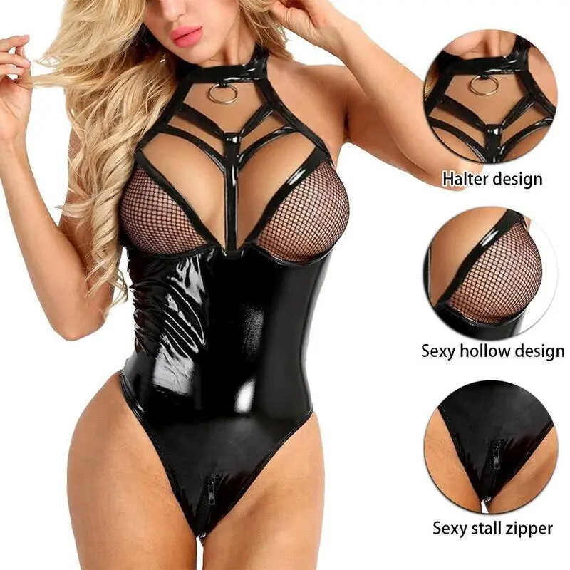 Women Sexy Patent Leather Hollow Chain One-Piece Lingerie