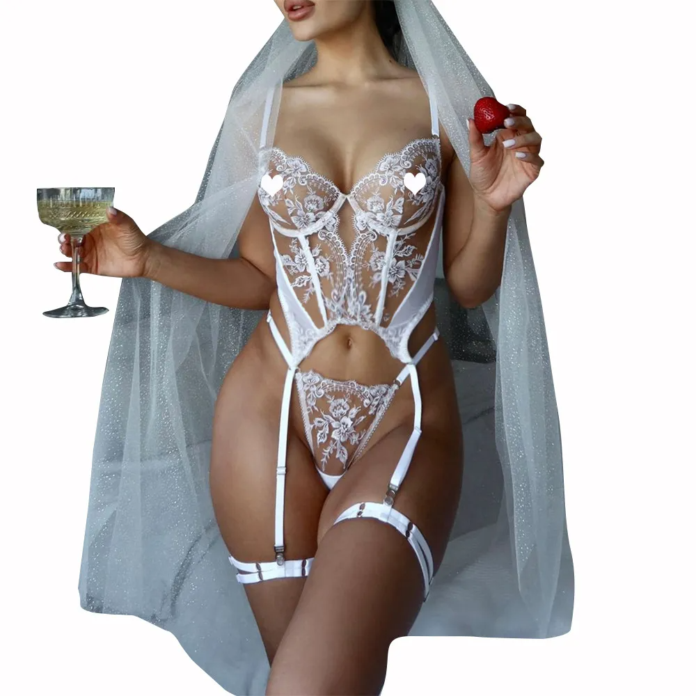Women Sexy Fish Bone Sling Lingerie Three-Piece Set