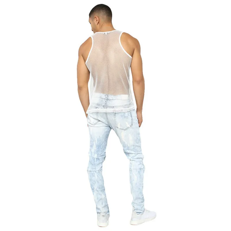 Men Casual Solid Color Sexy Mesh Hollow Transparent Vest