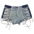 Women Edgy Sexy Summer Night Out Bandage Lace Up High Waist Raw Hem Denim Shorts