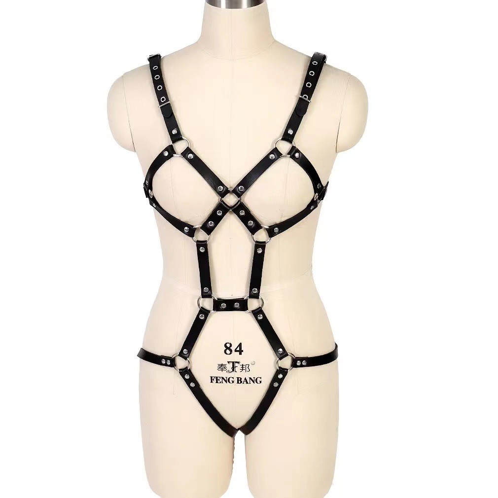 Open Breast Leather Body Harness with Cuffs